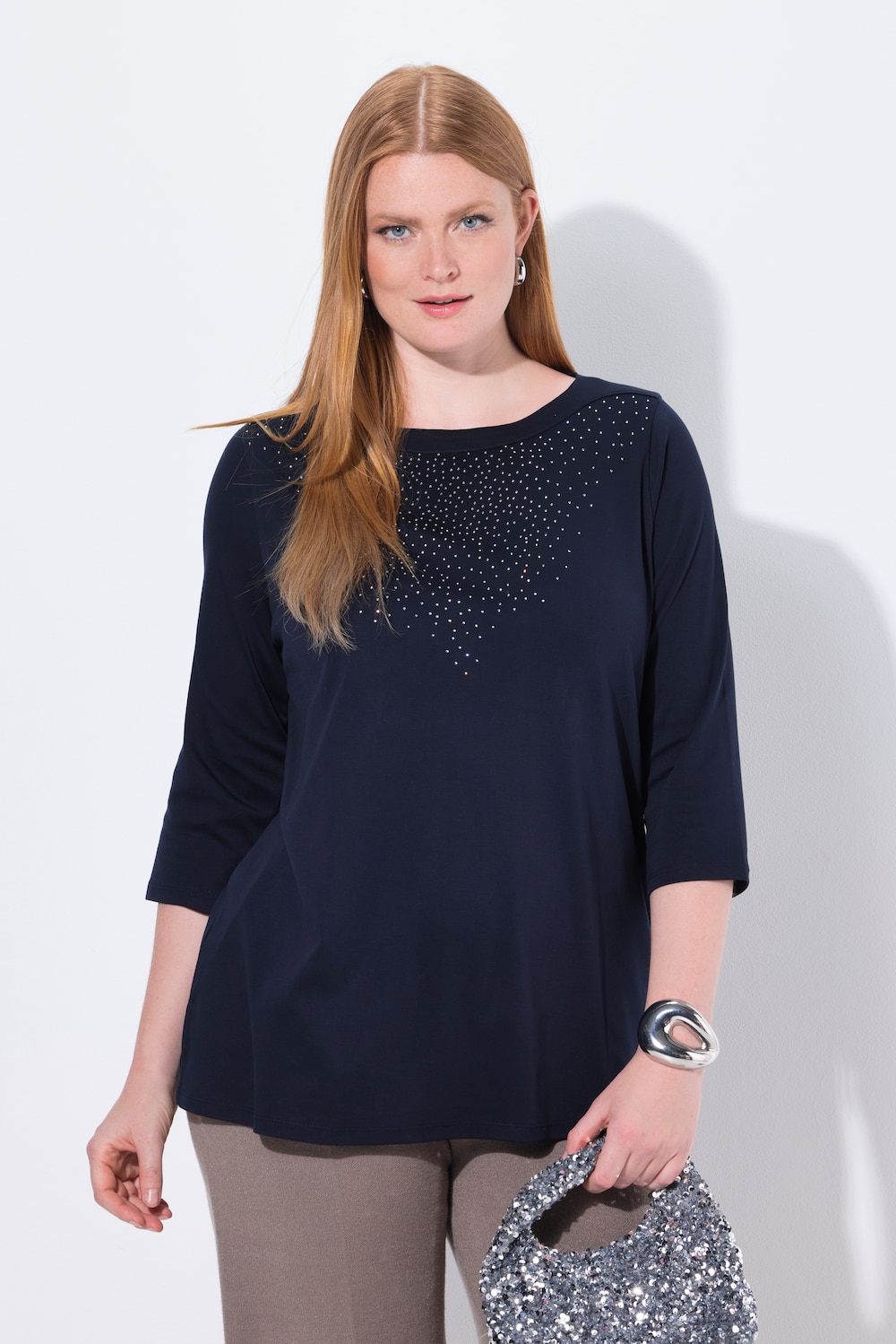 Shirt, Ziersteine, U-Boot-Ausschnitt, 3/4-Arm, Pima Cotton