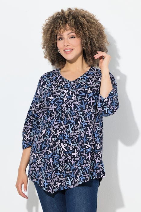 Shirt, Zierfalten, A-Linie, V-Ausschnitt, 3/4-Arm