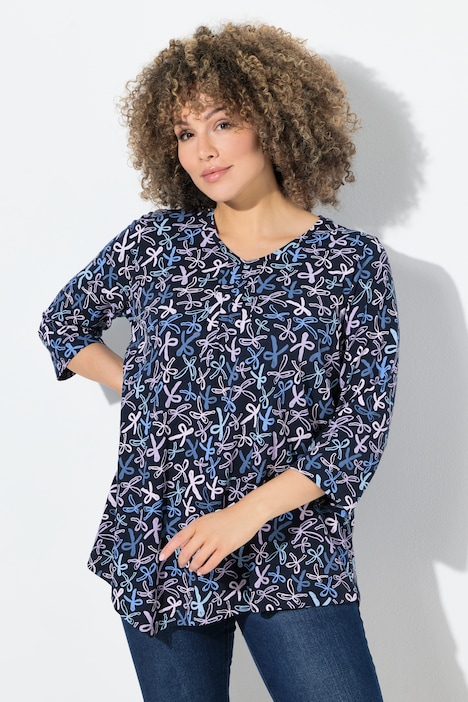 Shirt, Zierfalten, A-Linie, V-Ausschnitt, 3/4-Arm