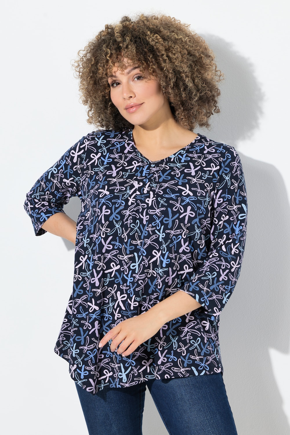 Shirt, Zierfalten, A-Linie, V-Ausschnitt, 3/4-Arm