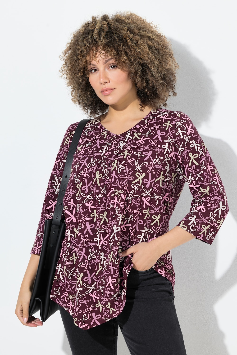 Shirt, Zierfalten, A-Linie, V-Ausschnitt, 3/4-Arm