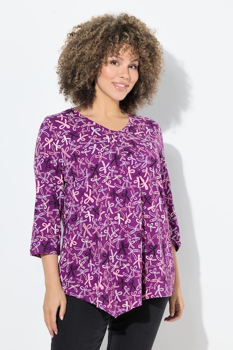 Shirt, Zierfalten, A-Linie, V-Ausschnitt, 3/4-Arm
