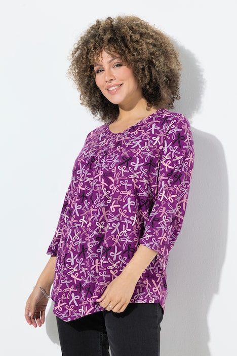 Maglia Ulla Popken Taglio Svasato Con Pieghe, Scollo Rettangolare E Maniche 3/4, Modello 837110, Puro Cotone