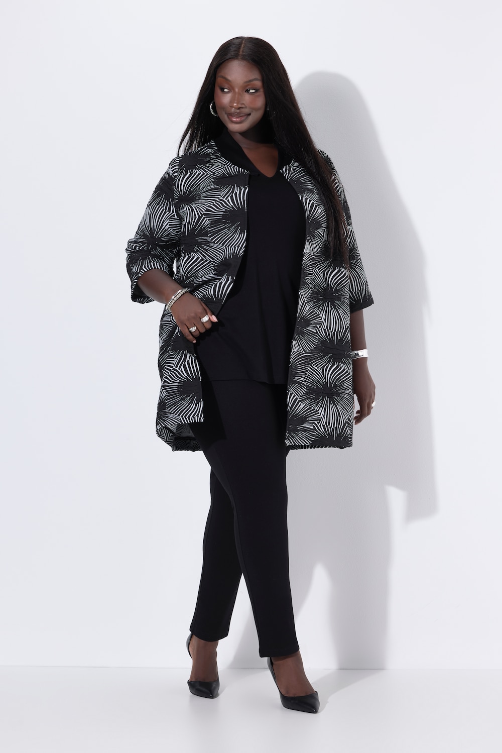 Jacquard-Jacke, A-Linie, Rundhals, 3/4-Arm