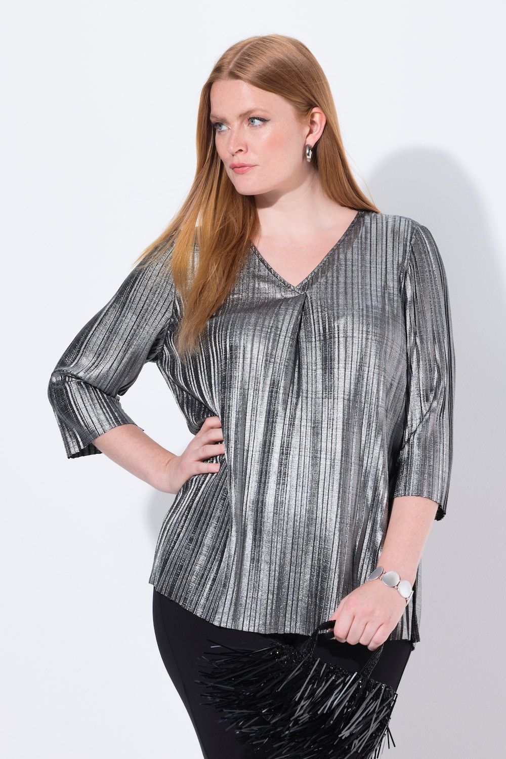 Plissee-Bluse, A-Linie, V-Ausschnitt, 3/4-Arm