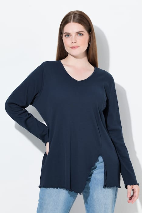 Shirt, ribjersey, V-hals, lange mouwen, biologisch katoen
