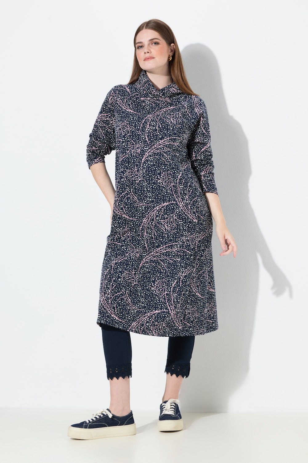 Midi-jurk van sweatstof, sjaalkraag, lange mouwen, biologische katoen