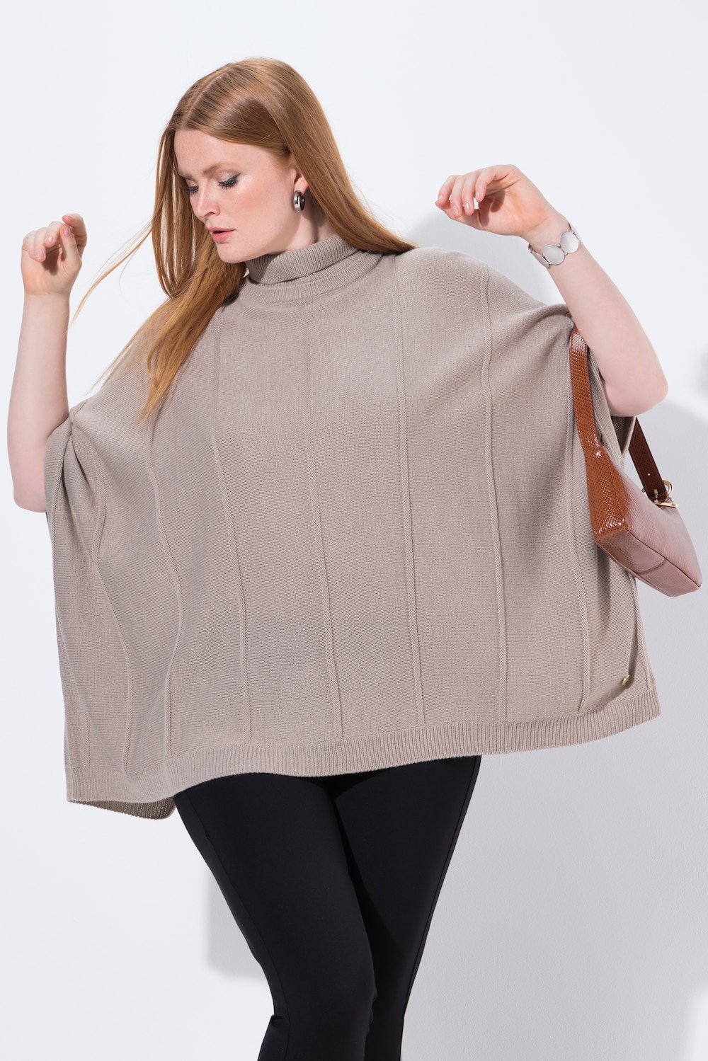 Strikket poncho, strukturribber,.oversize, rullekrave
