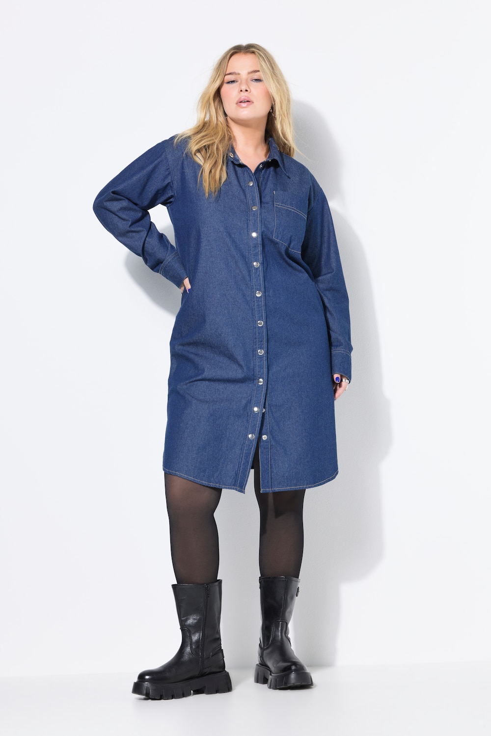 Blusenkleid, oversized, Denimoptik, Druckknopfleiste