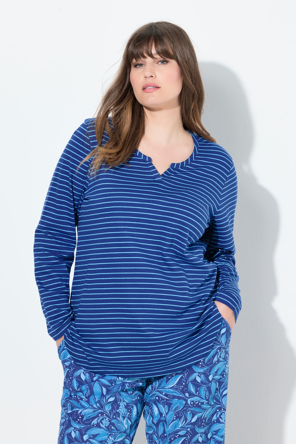 Pyjama-Longshirt, Ringel, Tunika-Ausschnitt, Langarm