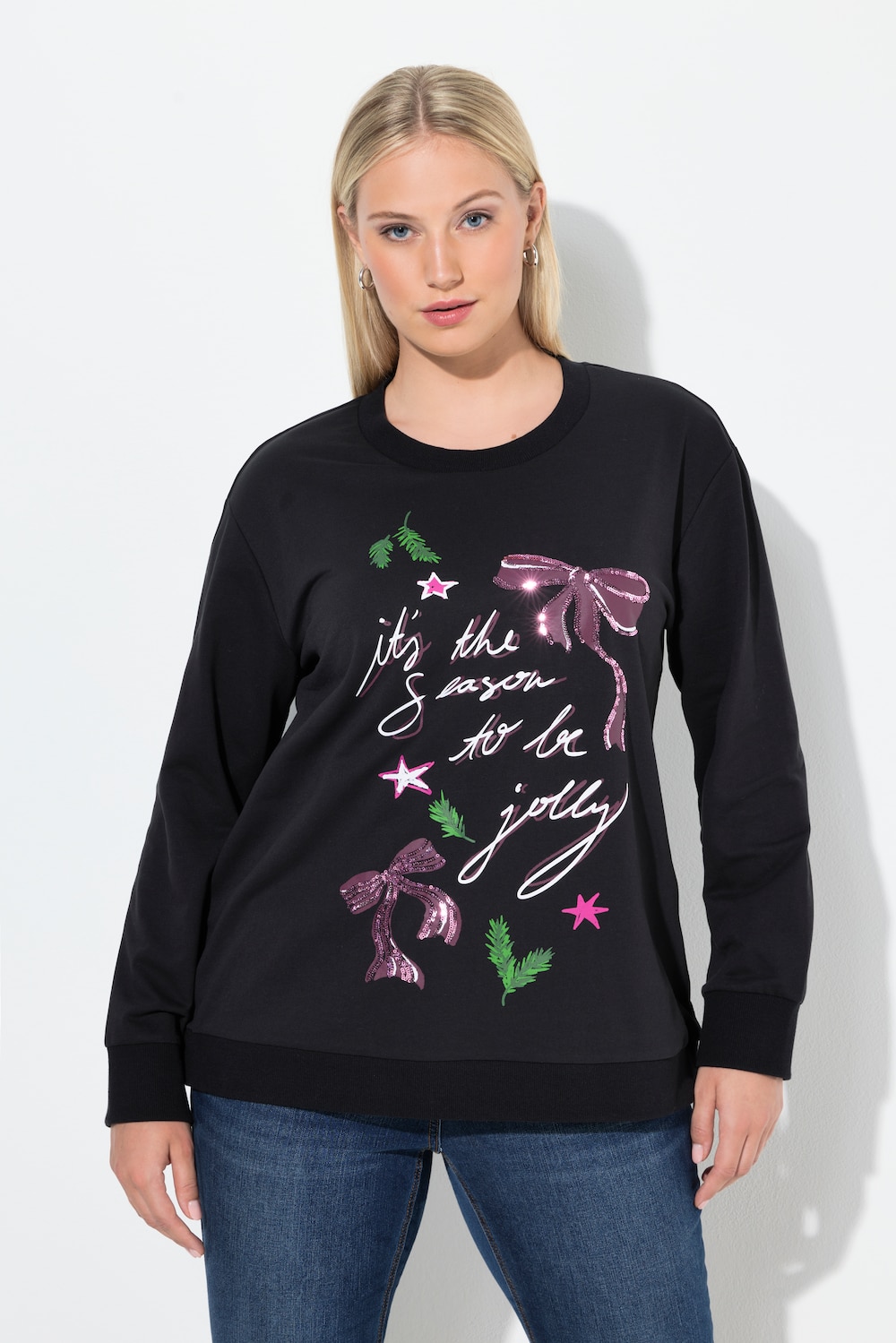 Große Größen Weihnachts-Sweatshirt, Damen, schwarz, Größe: 62/64, Baumwolle/Polyester, Ulla Popken