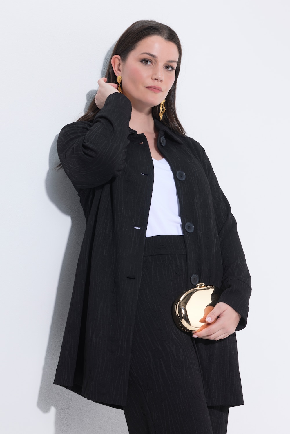 Jacquard-jerseyblazer, A-form, skjortekrave, lange ærmer