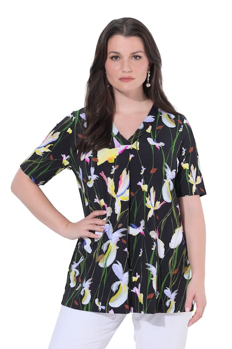 Slinky tričko, A střih, ozdobné sklady, výstřih do V, krátké rukávy