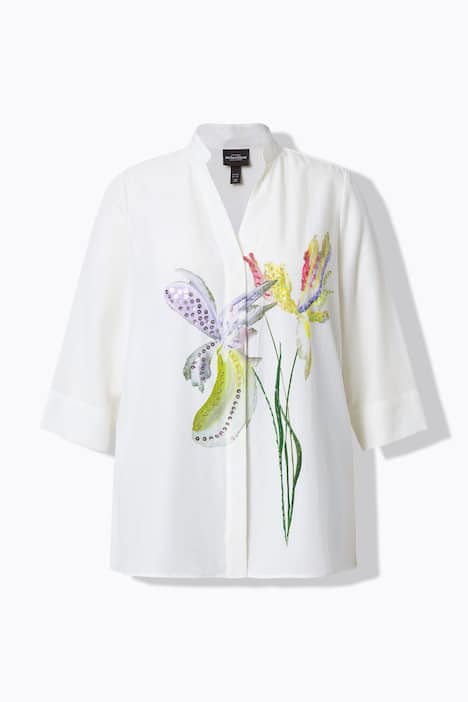 Bluzka z lyocellu, kwiaty, krój trapezowy, dekolt w serek, rękawy 3/4