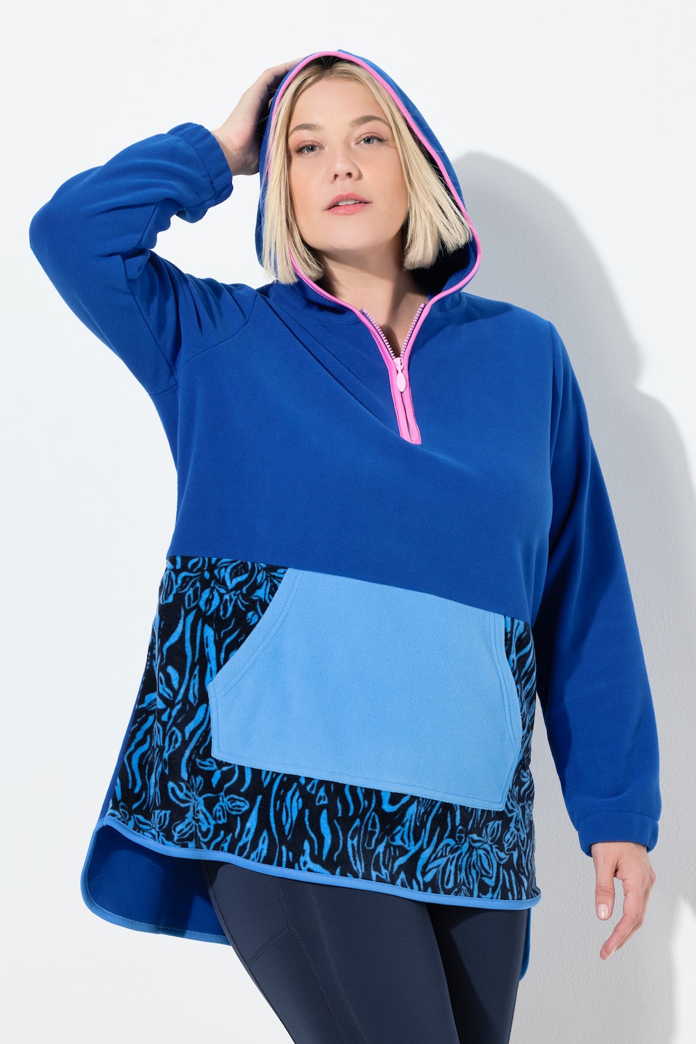 Große Größen Long-Fleecehoodie, Damen, blau, Größe: 42/44, Polyester, Ulla Popken