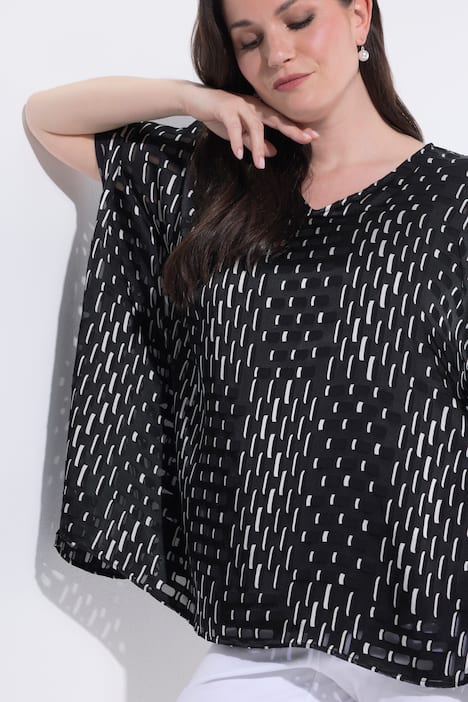 Mesh blouse, dubbelgelaagd, oversized, V-hals, korte mouwen
