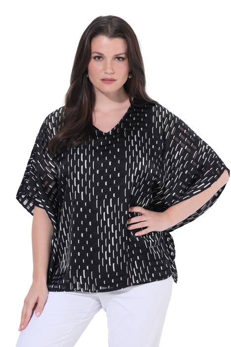 Síťovaná halenka, dvouvrstvá, oversize, výstřih do V, krátké rukávy