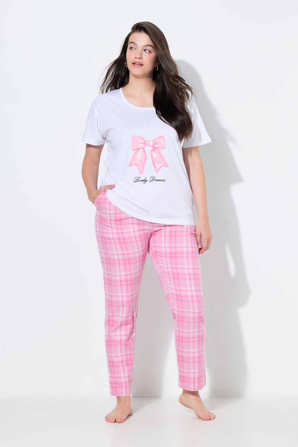 Pyjamasbukser, ternet mønster, lige ben, elastisk linning