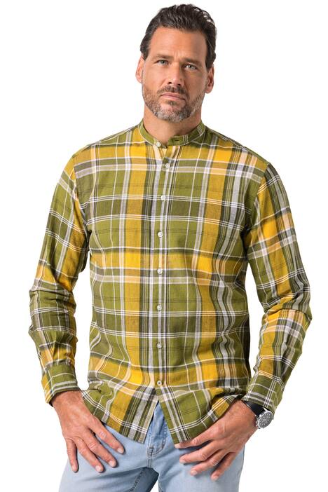 Kostkovaná košile JP1880, lněná směs, dlouhé rukávy, stojáček, Modern střih, do 8XL