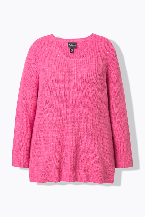 Trui, geribbeld breisel, pailletten, V-hals, lange mouw