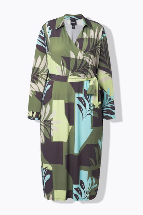 Midikleid, Blätter, Hemdkragen, Langarm, Taschen