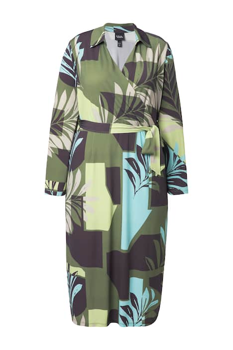 Midi šaty, listy, košilový límec, dlouhé rukávy, kapsy