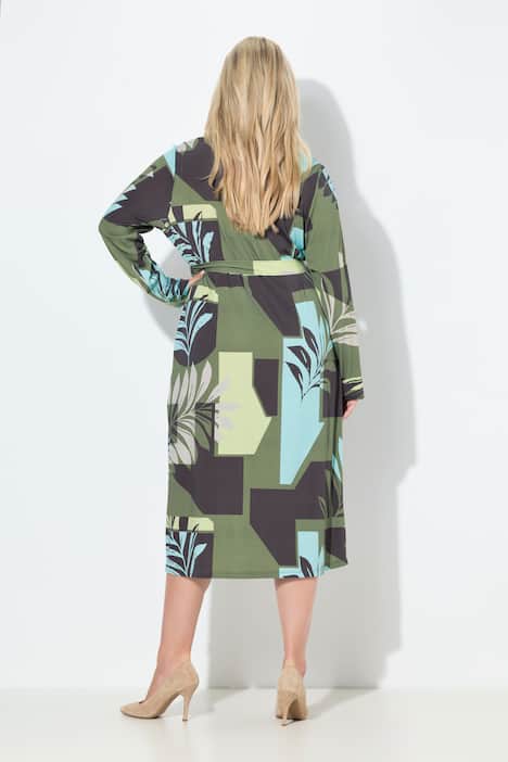 Midikleid, Blätter, Hemdkragen, Langarm, Taschen