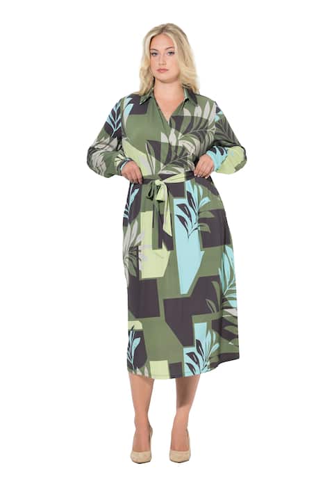 Midi šaty, listy, košilový límec, dlouhé rukávy, kapsy