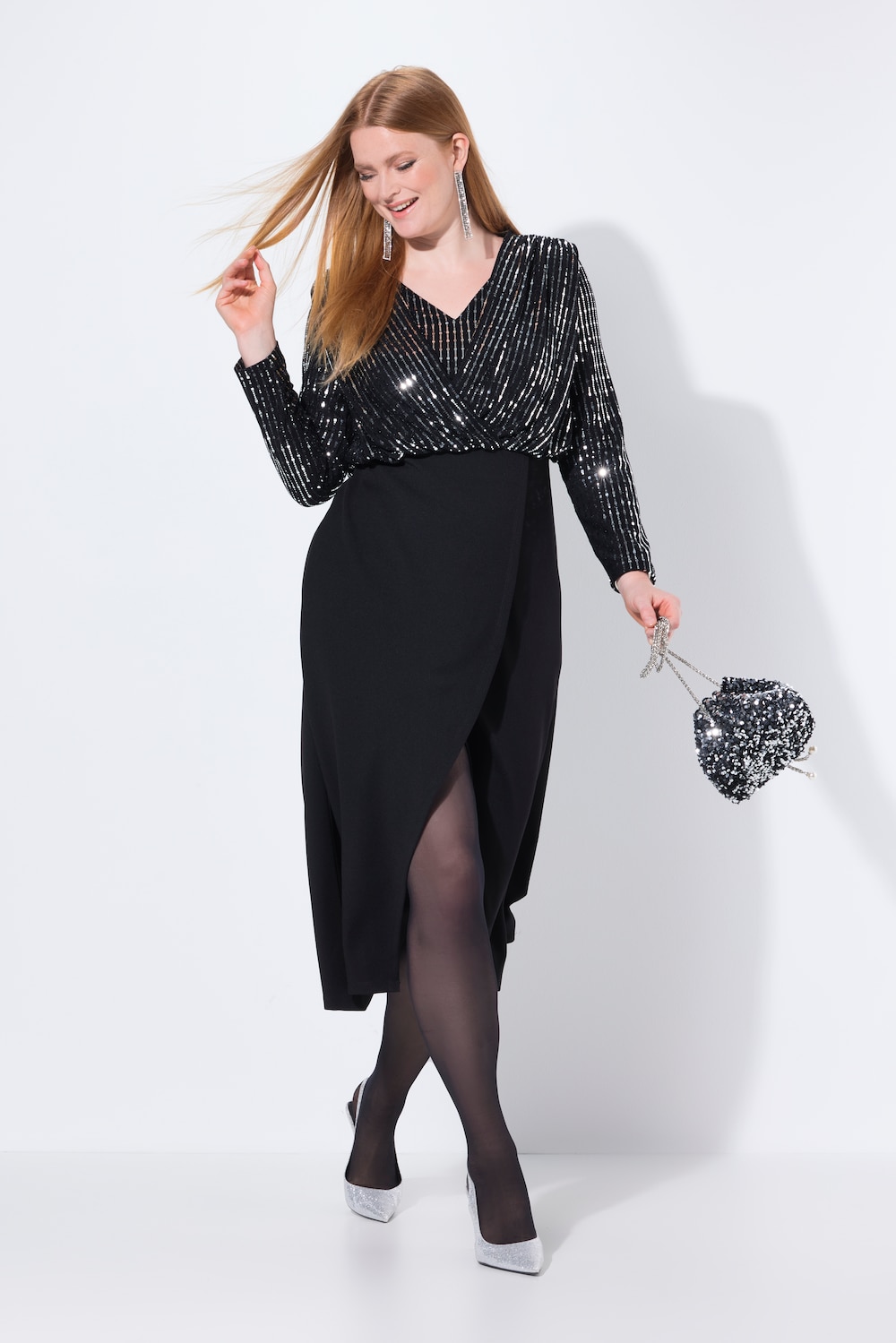 Maxi-Bodyconkleid, Glitzerjersey, langer Rock