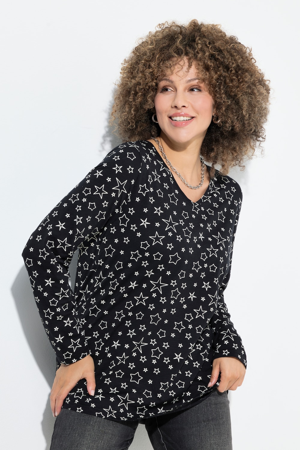 Shirt, bedruckt, Classic, V-Ausschnitt, Langarm