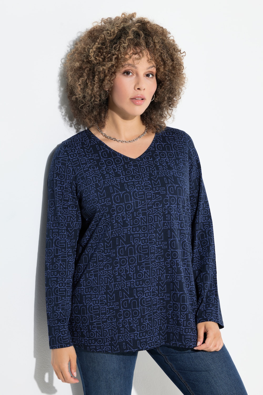 Shirt, bedruckt, Classic, V-Ausschnitt, Langarm