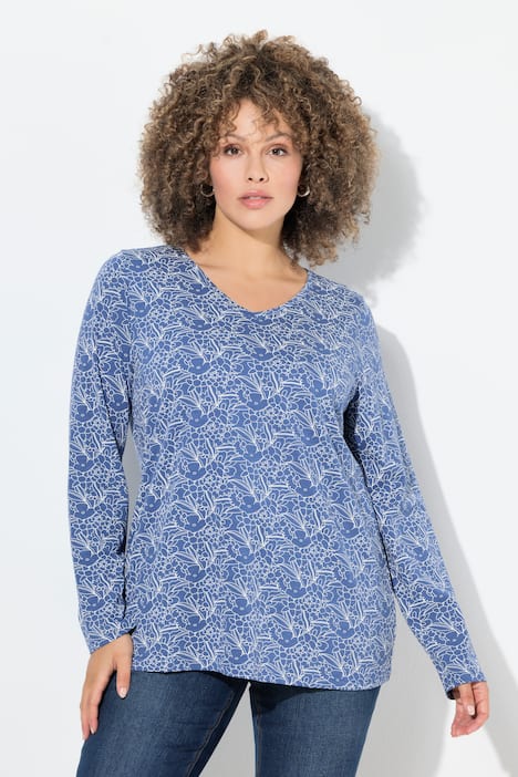Shirt, bedruckt, Classic, V-Ausschnitt, Langarm