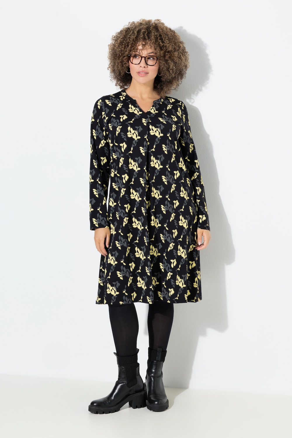 Jerseykleid, Blüten, A-Linie, Tunika-Ausschnitt, Langarm