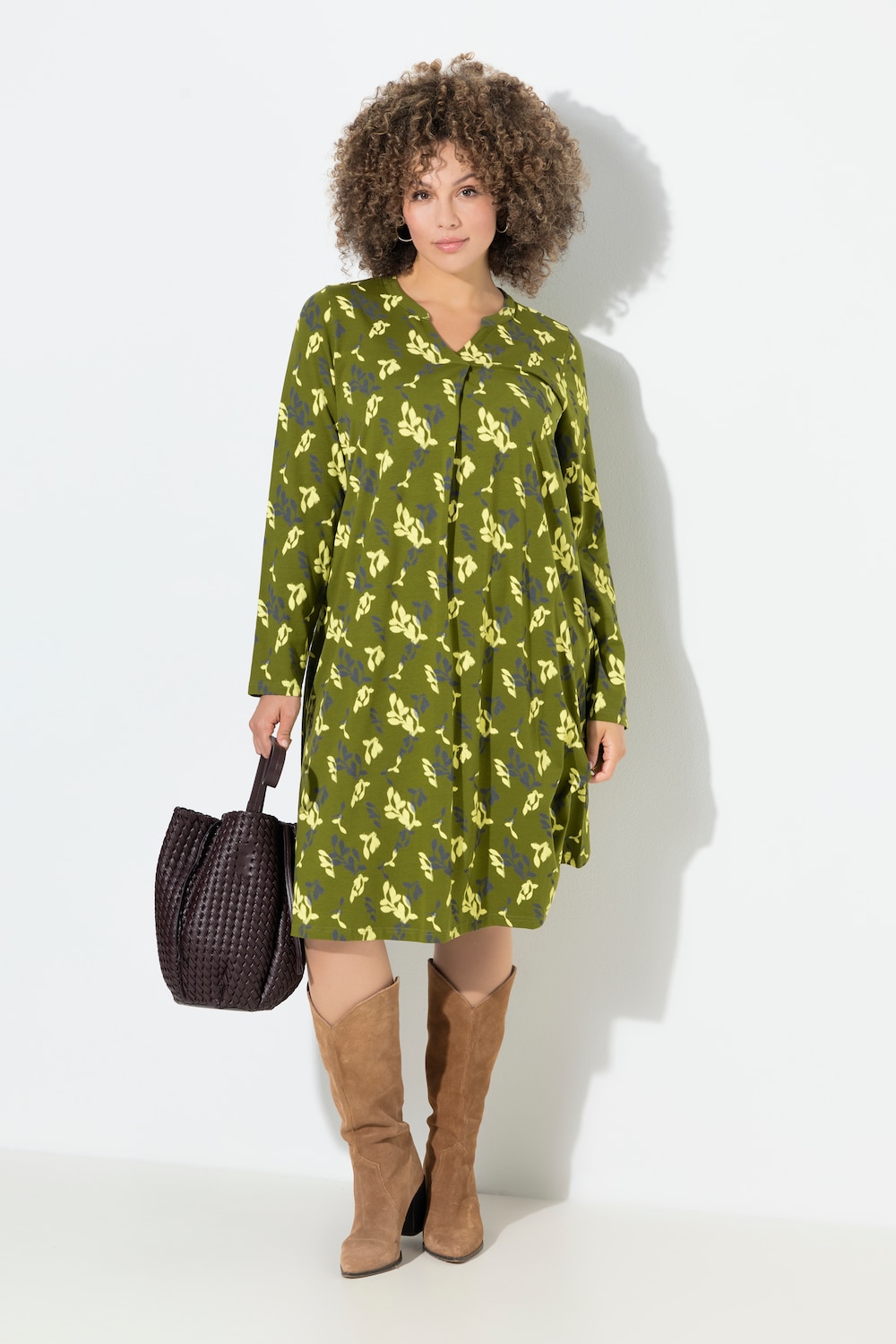 Jerseykleid, Blüten, A-Linie, Tunika-Ausschnitt, Langarm