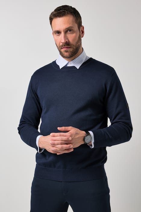 JP1880 Pullover, leichter Feinstrick, Badge, Rundhalsausschnitt, bis 7 XL