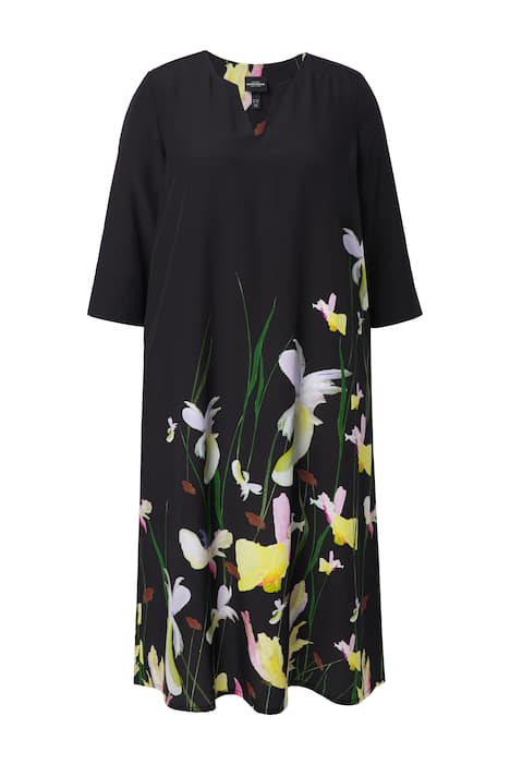 Lyocellové maxi šaty, květy, tunikový výstřih, 3/4 rukávy