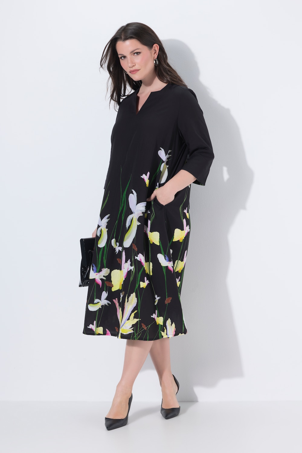 Maxi-jurk van lyocell, bloemen, tuniekhals, 3/4-mouwen