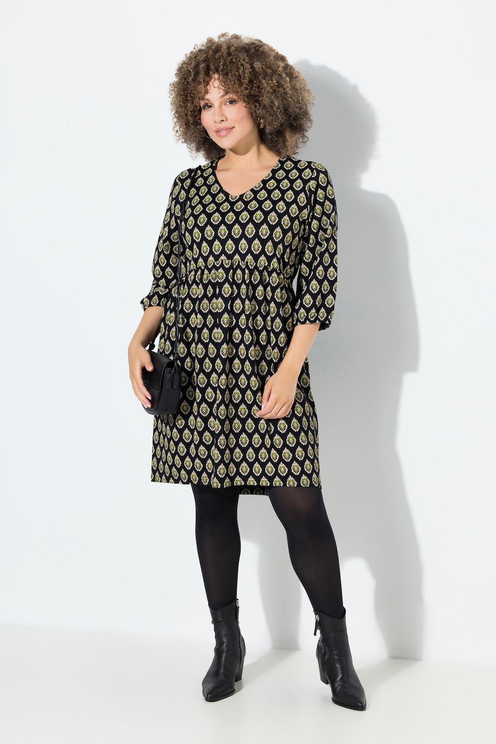 Jersey jurk, A-lijn, V-hals, 3/4-mouwen