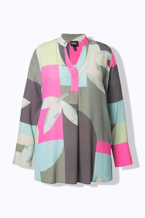 Blouse, sierplooi, A-lijn, opstaande kraag, lange mouw