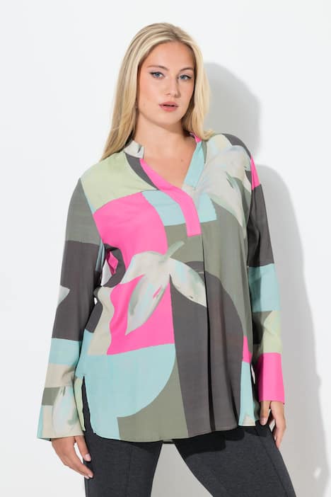 Blouse, sierplooi, A-lijn, opstaande kraag, lange mouw