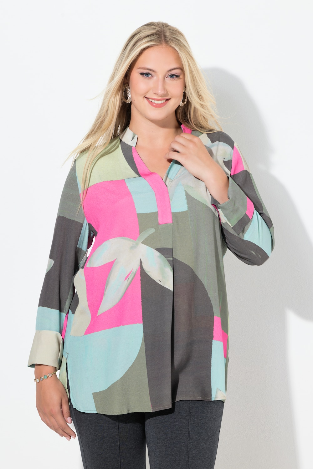 Blouse, sierplooi, A-lijn, opstaande kraag, lange mouw