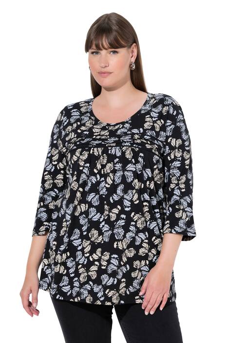 Tričko, květy, A střih, výstřih do V, 3/4 rukávy