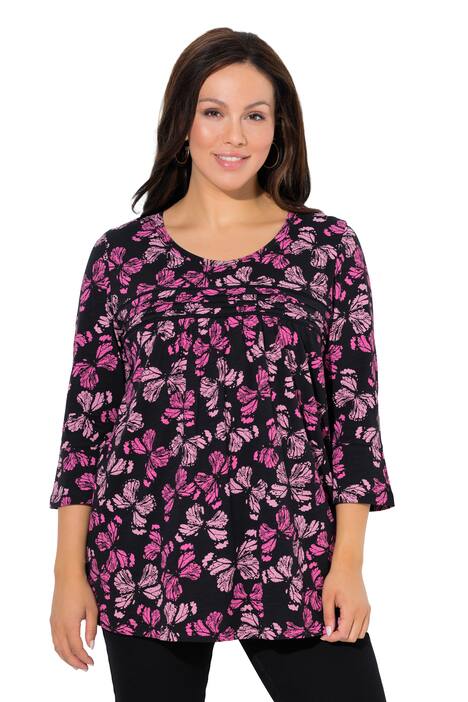 Tričko, květy, A střih, výstřih do V, 3/4 rukávy