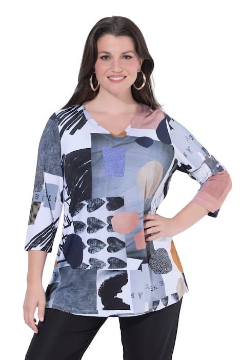 Slinky tričko, srdce, A střih, výstřih do V, 3/4 rukávy