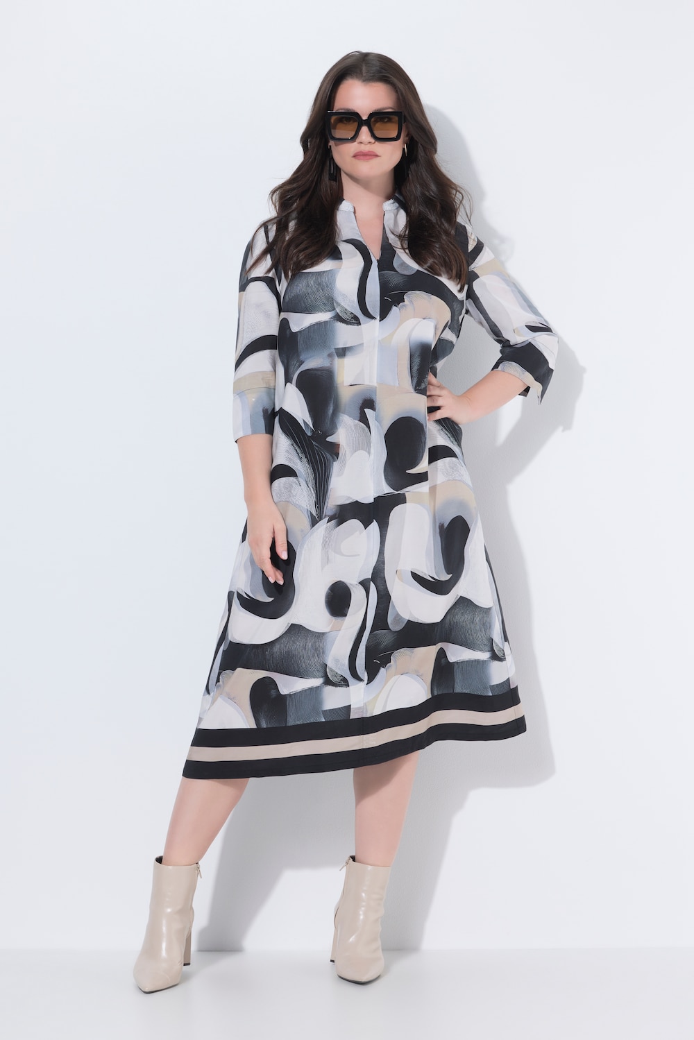 Maxi-jurk, lyocell, grafisch, A-lijn, overhemdkraag, 3/4-mouwen