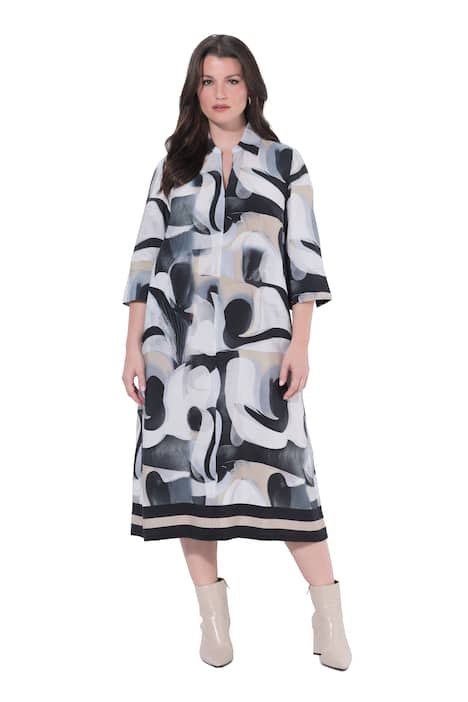 Lyocellové maxi šaty, grafický design, A střih, límeček, 3/4 rukávy