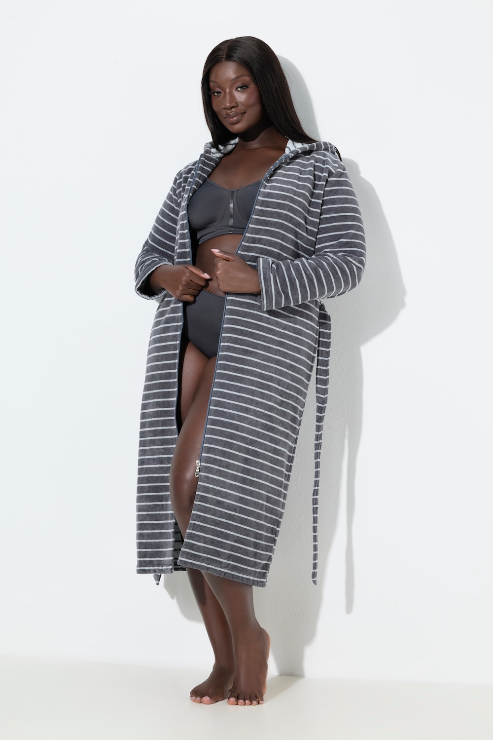 Bademantel, Webfrottee, Reissverschluss, Bindegürtel, Kapuze, Langarm