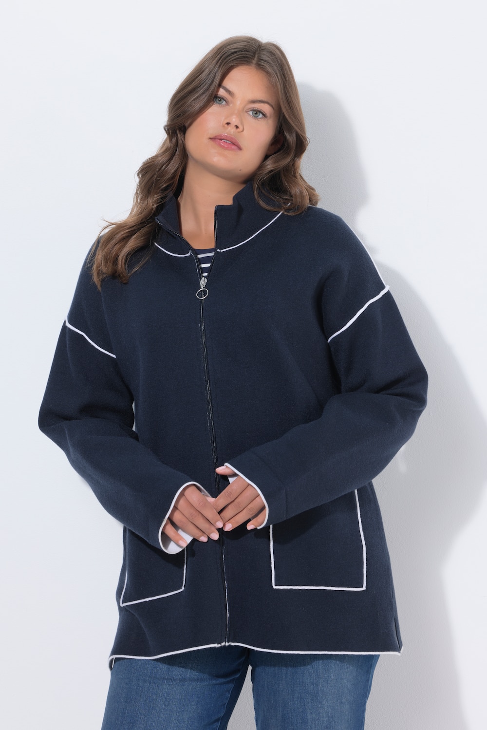 Große Größen Doubleface-Strickjacke mit Zipper, Damen, blau, Größe: 40/42, Viskose/Synthetische Fasern/Polyester, LAURAS...