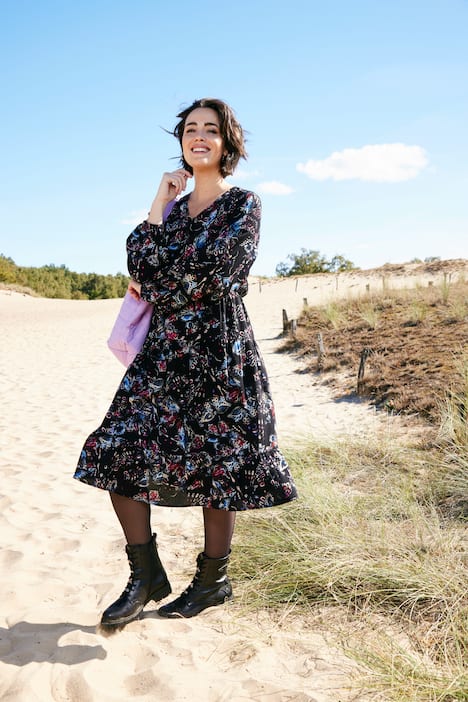 Midikjole, sommerfugle, A-form, V-udskæring, lange ærmer