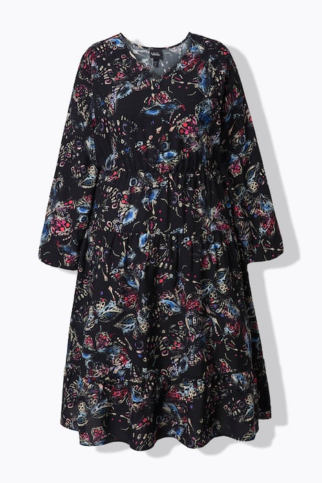 Midikjole, sommerfugle, A-form, V-udskæring, lange ærmer